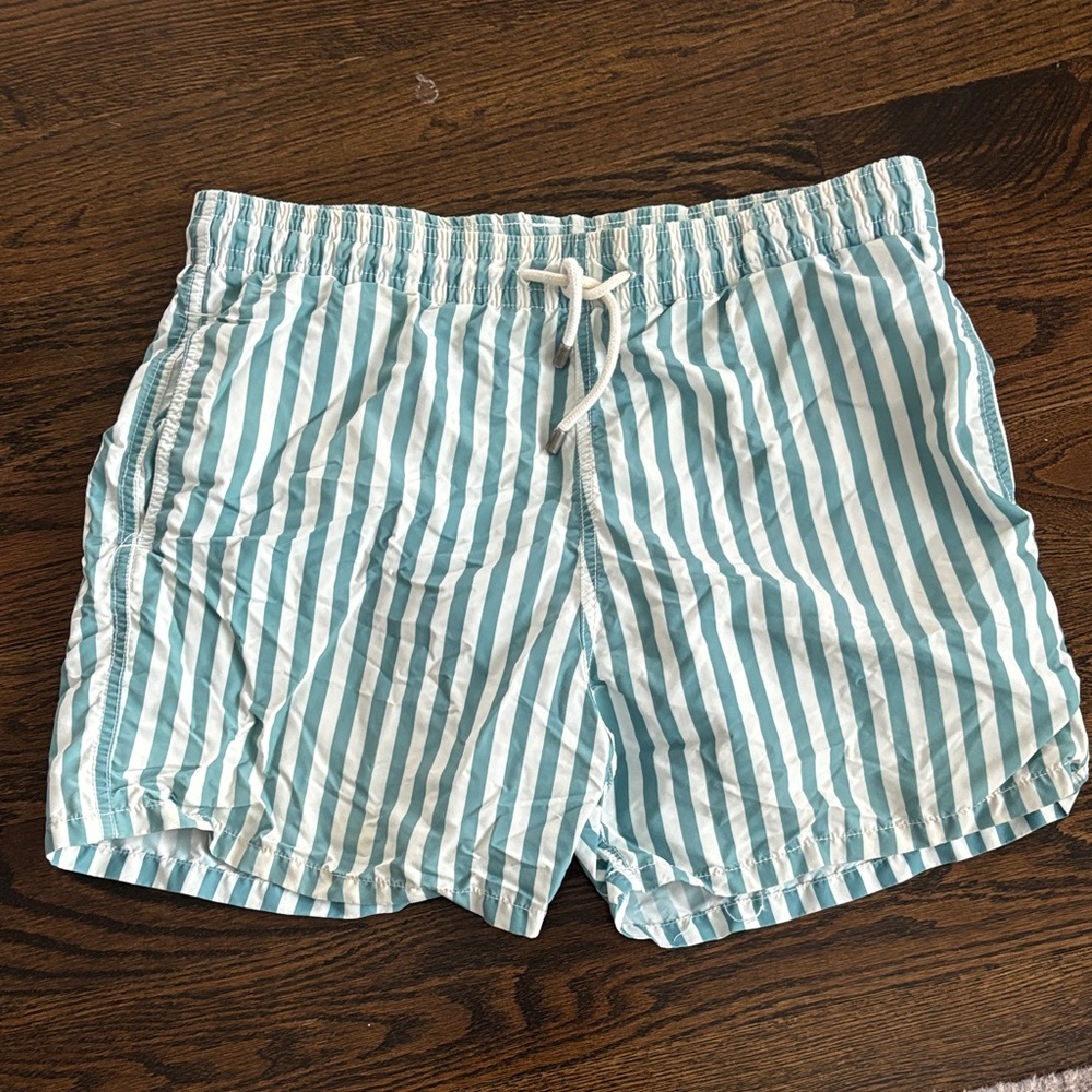 SOLID & STRIPED Teal and White Vertical Stripe Swim Trunks
